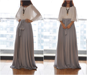 Beautiful Bow Tie Chiffon Maxi Skirt Silk Skirts Gray Elastic Waist Summer Skirt Floor Length Long Skirt(037)