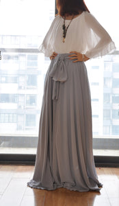 Beautiful Bow Tie Chiffon Maxi Skirt Silk Skirts Gray Elastic Waist Summer Skirt Floor Length Long Skirt(037)